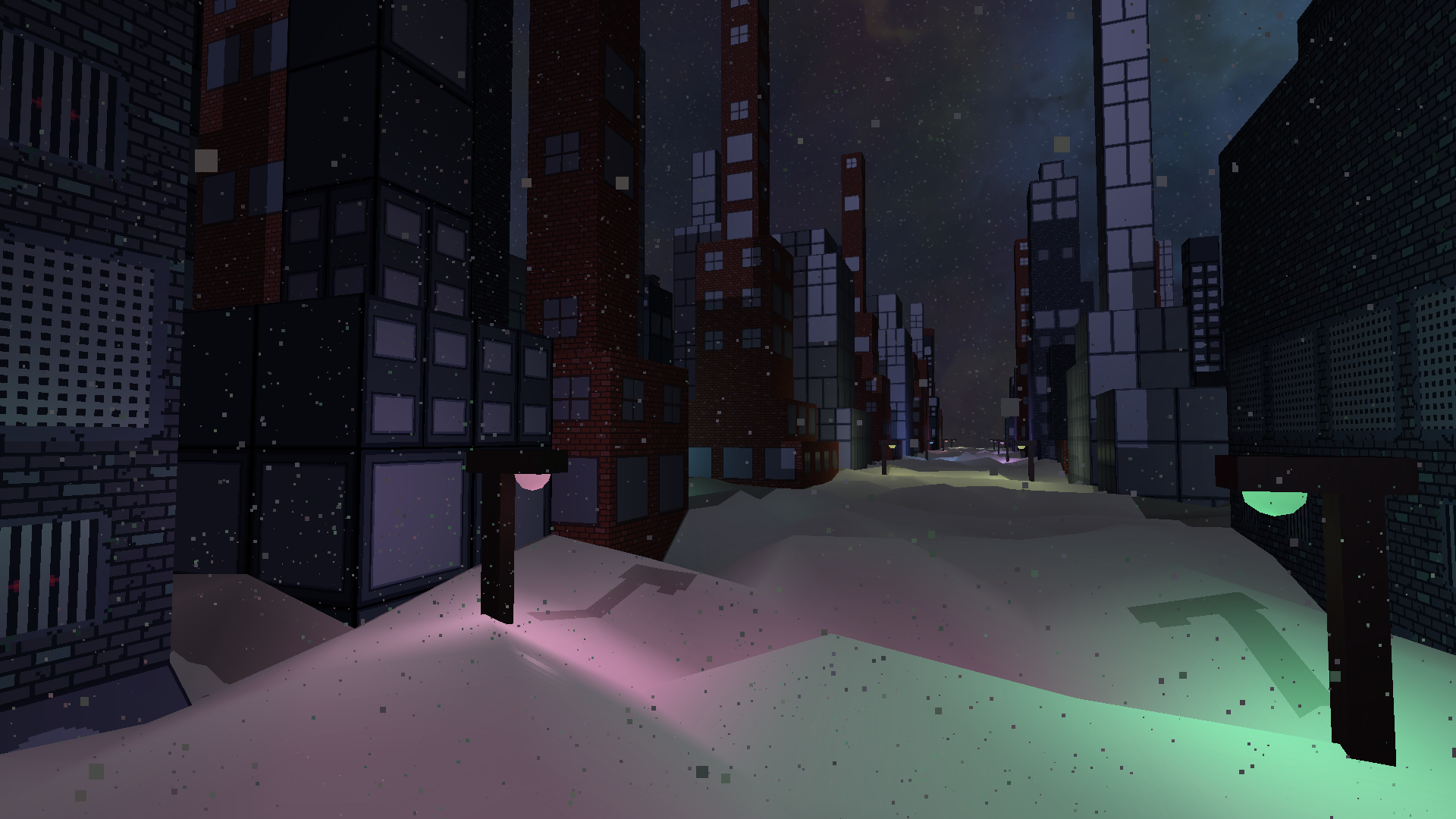 A cityscape at night with shadows and snow